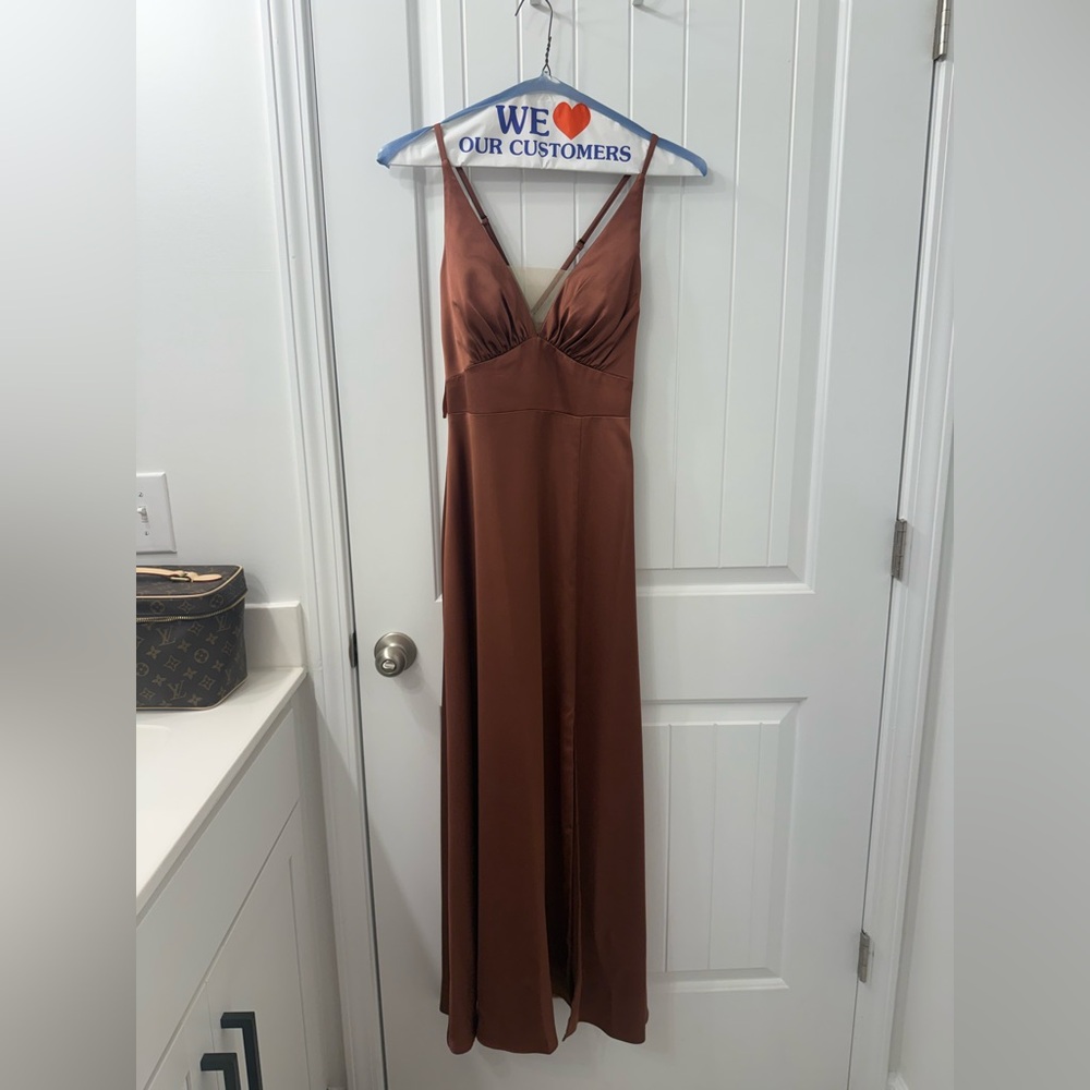Revelry Reddish Brown Satin Maxi Dress